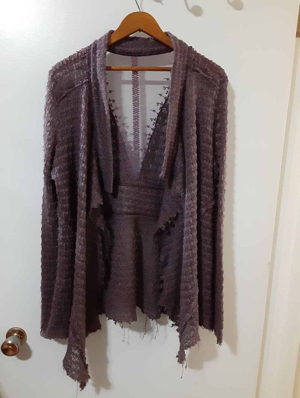 Boho Textured Raw Hem Cardigan Top Merlot Lace Cuff Free People Vibe